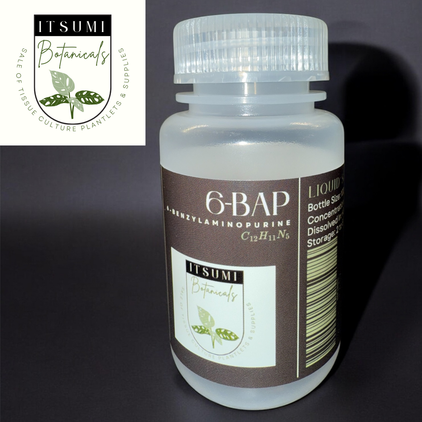 ITSUMI Botanicals labeled 100ml bottle of 6-BAP (6-Benzylaminopurine) Liquid Solution, used to stimulate shoot proliferation and cell division in tissue culture applications
