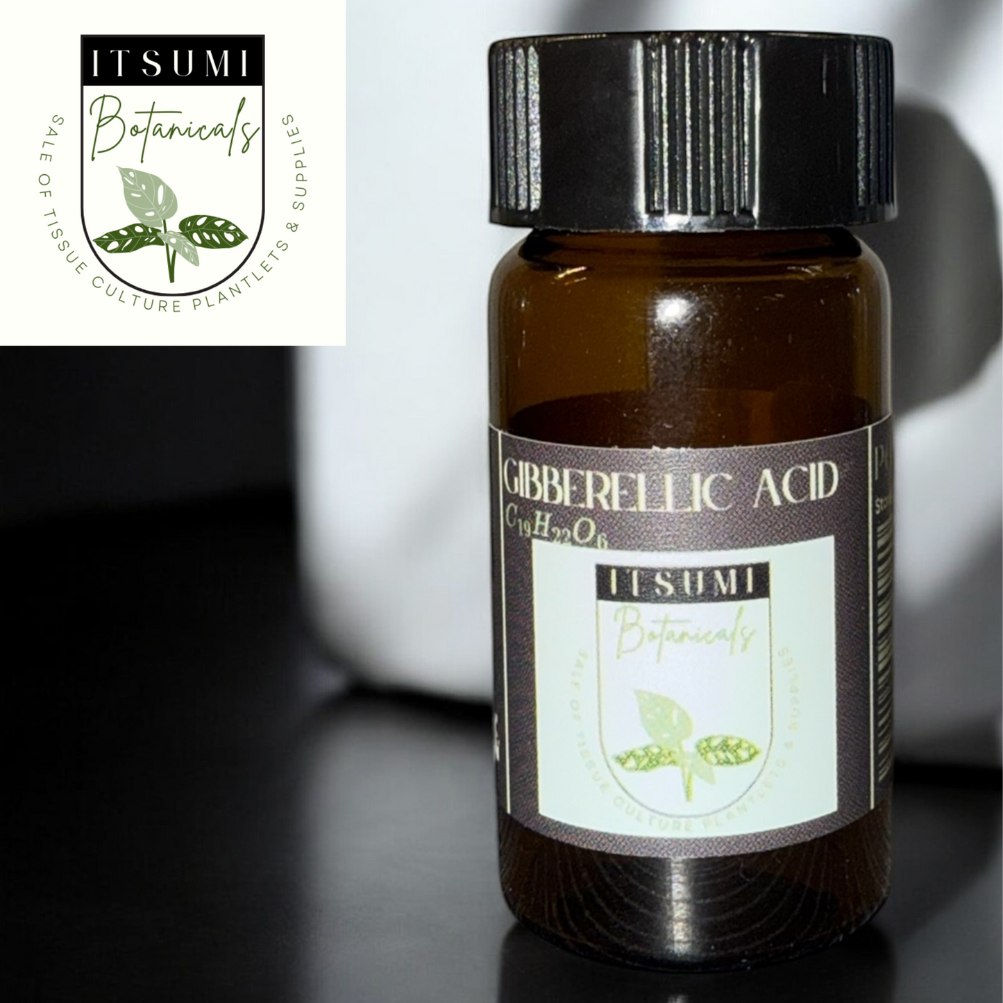 Brown glass bottle of ITSUMI Botanicals Gibberellic Acid (GA3) Powder with black cap and label, ideal for enhancing stem elongation, seed germination, and tissue culture applications