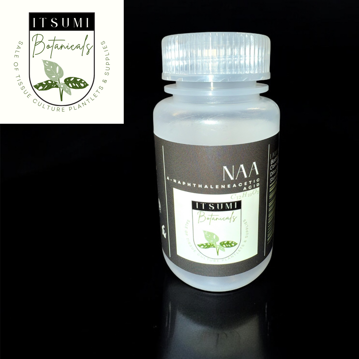 Clear plastic bottle of ITSUMI Botanicals NAA Liquid Solution (α-Naphthaleneacetic Acid), labeled with volume and concentration, ideal for enhancing root development in plant propagation