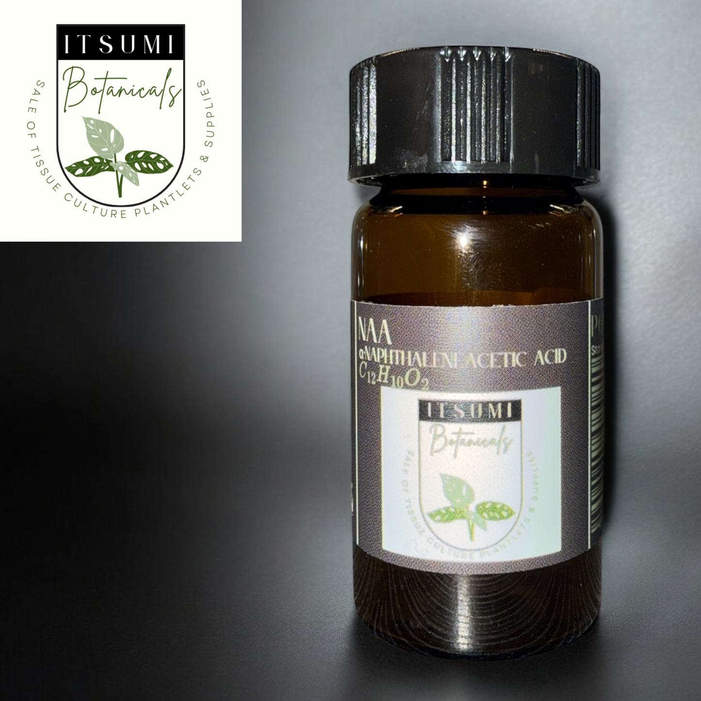 Brown bottle of ITSUMI Botanicals NAA Powder (α-Naphthaleneacetic Acid) with black cap and product label, used as a high-purity rooting hormone for plant tissue culture and propagation