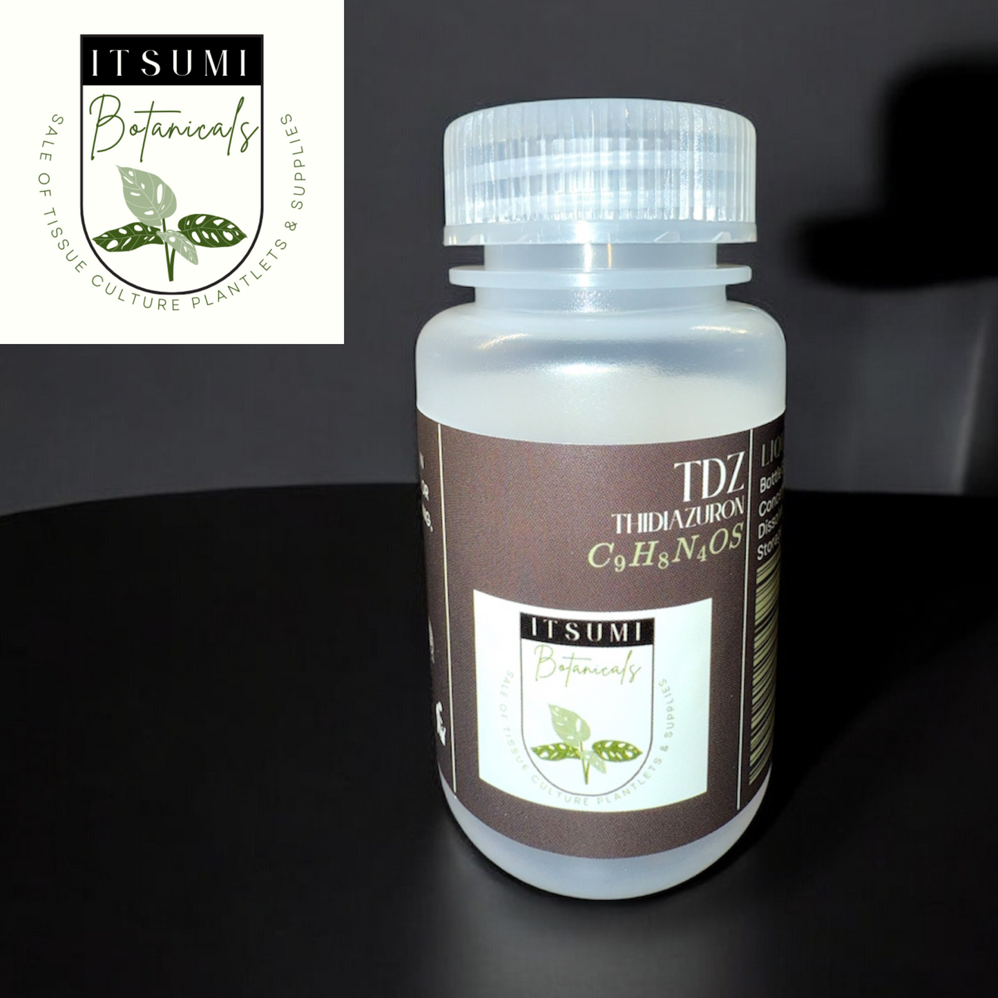 ITSUMI Botanicals TDZ Liquid Solution in a clear bottle with label displaying chemical name and formula, used to promote shoot regeneration in micropropagation labs