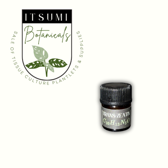 Small black-capped vial of ITSUMI Botanicals Trans-Zeatin Powder with chemical formula label, used as a powerful cytokinin for stimulating cell division in plant tissue culture