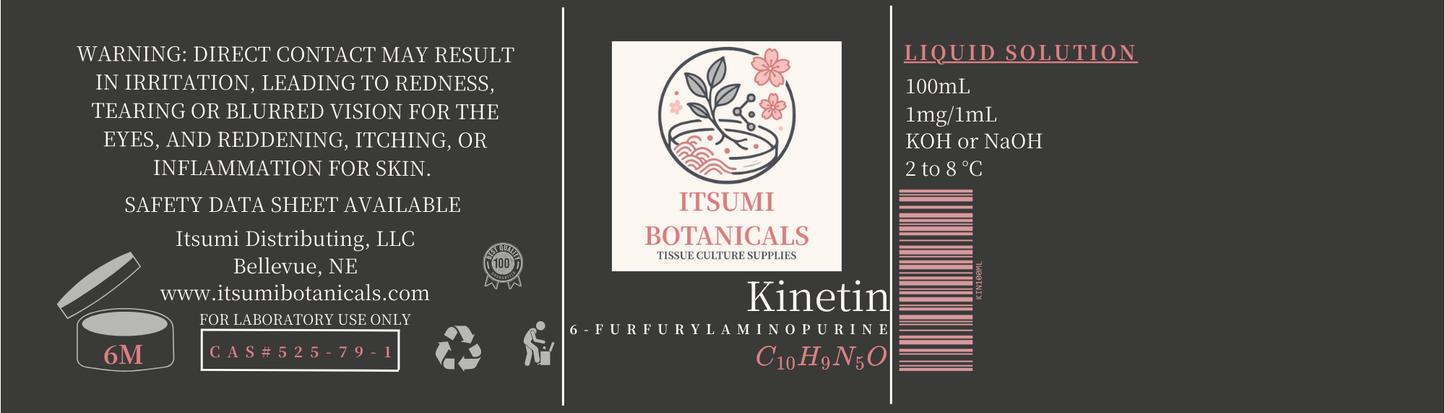 “Dark‑gray Itsumi Botanicals Kinetin label (100 mL): warning/SDS; CAS #525‑79‑1; 6M jar & recycle/dispose icons; center logo; right LIQUID SOLUTION 100 mL, 1 mg/mL, KOH/NaOH, 2–8 °C, barcode.”